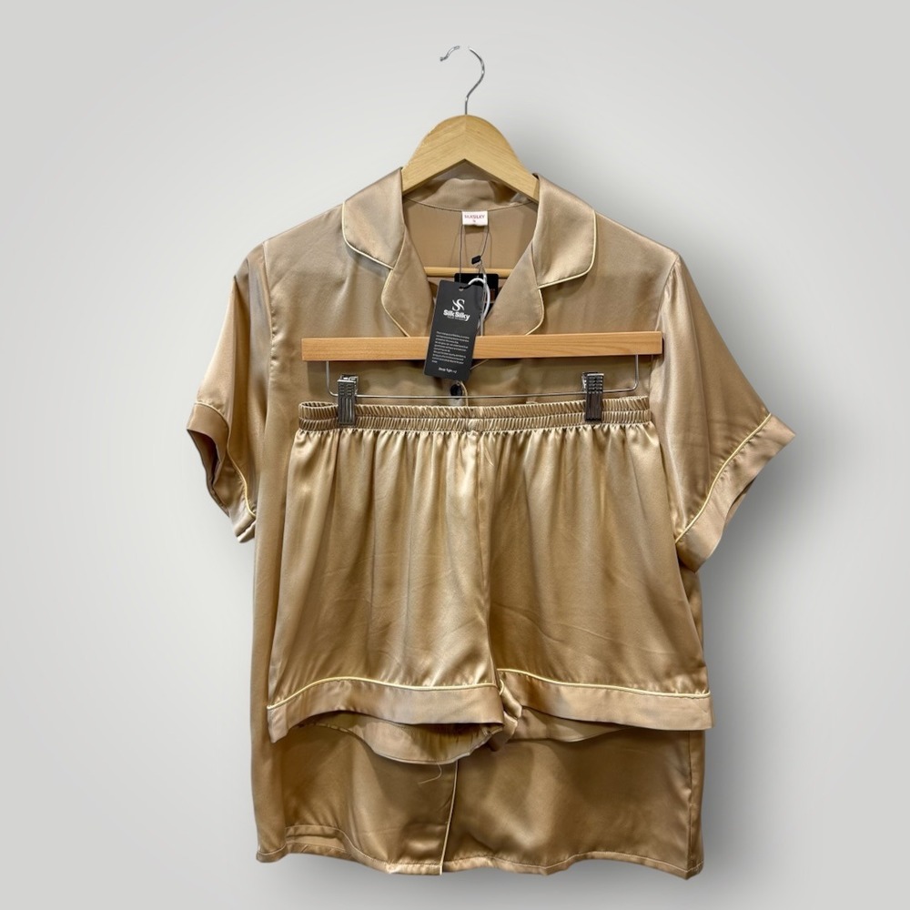 SilkSilky Women 100% Silk Pajama Set Champagne Gold Short Sleeve Shorts S NWT